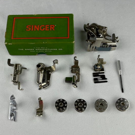 .1 - 222K Singer Featherweight Boxed Attachment Set With Embroidery Foot.