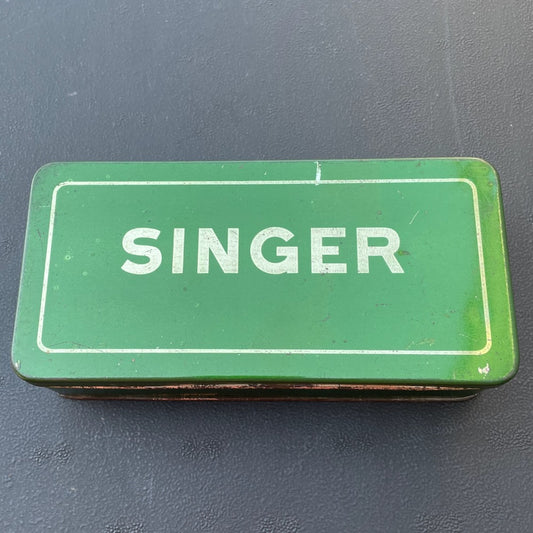 .1 - Singer Vintage Green Tin Attachments Accessories Box.