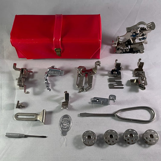 .1 - 222 Singer Featherweight Vinyl Red Cased Attachment Set.